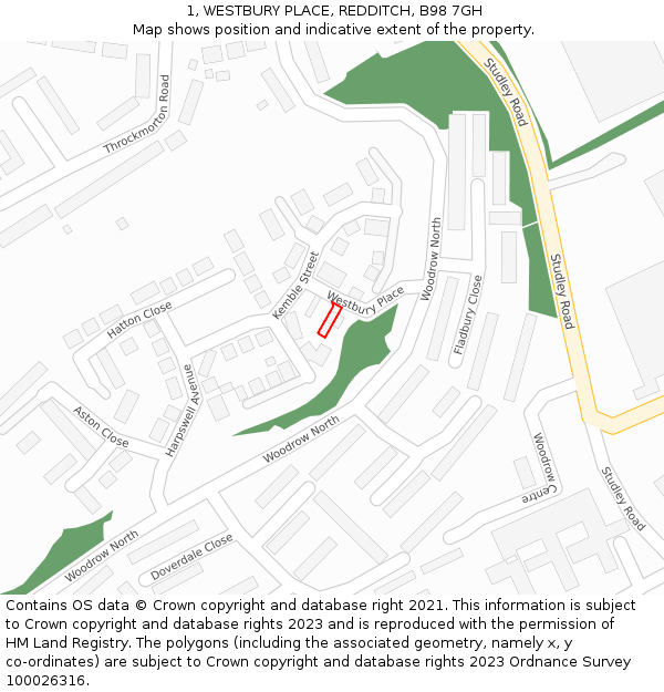 1, WESTBURY PLACE, REDDITCH, B98 7GH: Location map and indicative extent of plot