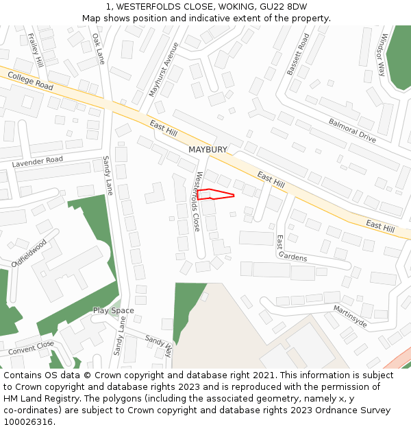 1, WESTERFOLDS CLOSE, WOKING, GU22 8DW: Location map and indicative extent of plot