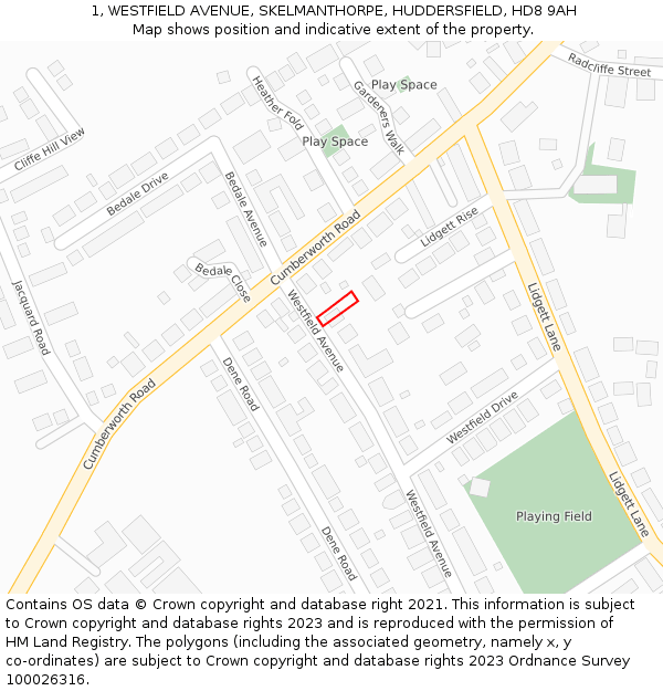 1, WESTFIELD AVENUE, SKELMANTHORPE, HUDDERSFIELD, HD8 9AH: Location map and indicative extent of plot
