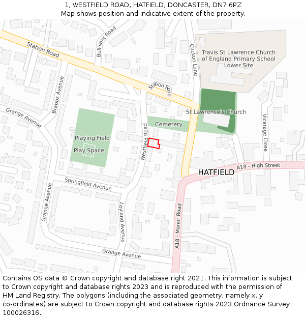 1, WESTFIELD ROAD, HATFIELD, DONCASTER, DN7 6PZ: Location map and indicative extent of plot