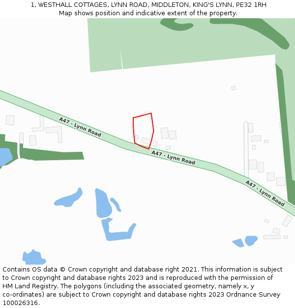 1, WESTHALL COTTAGES, LYNN ROAD, MIDDLETON, KING'S LYNN, PE32 1RH: Location map and indicative extent of plot