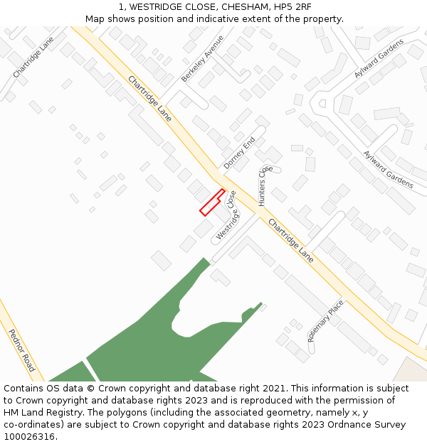 1, WESTRIDGE CLOSE, CHESHAM, HP5 2RF: Location map and indicative extent of plot