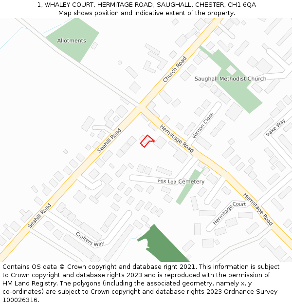 1, WHALEY COURT, HERMITAGE ROAD, SAUGHALL, CHESTER, CH1 6QA: Location map and indicative extent of plot