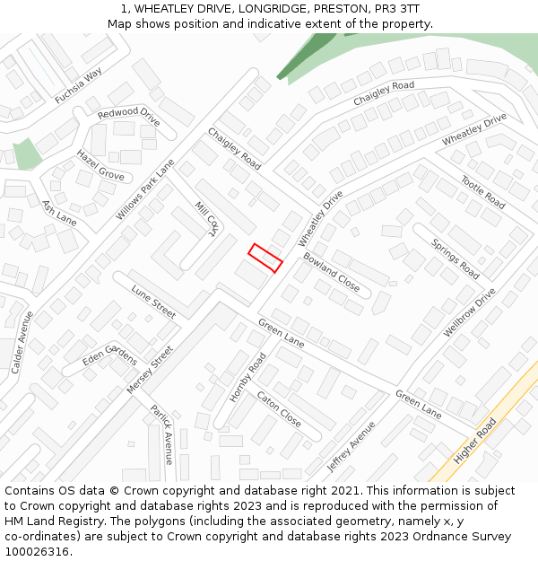 1, WHEATLEY DRIVE, LONGRIDGE, PRESTON, PR3 3TT: Location map and indicative extent of plot
