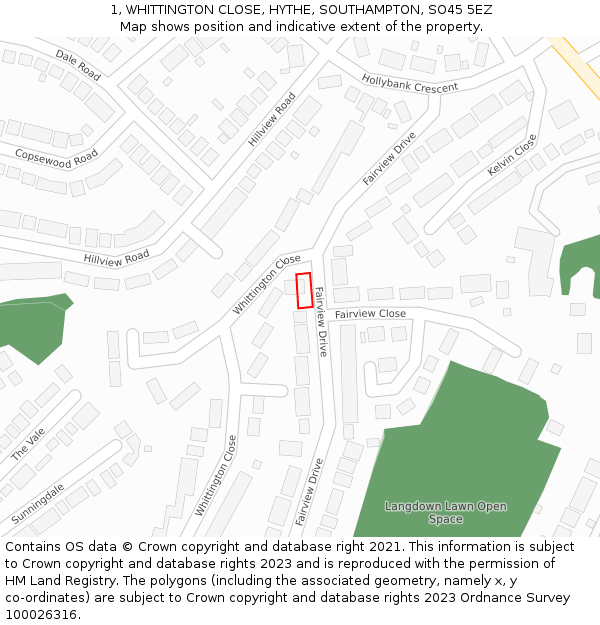 1, WHITTINGTON CLOSE, HYTHE, SOUTHAMPTON, SO45 5EZ: Location map and indicative extent of plot