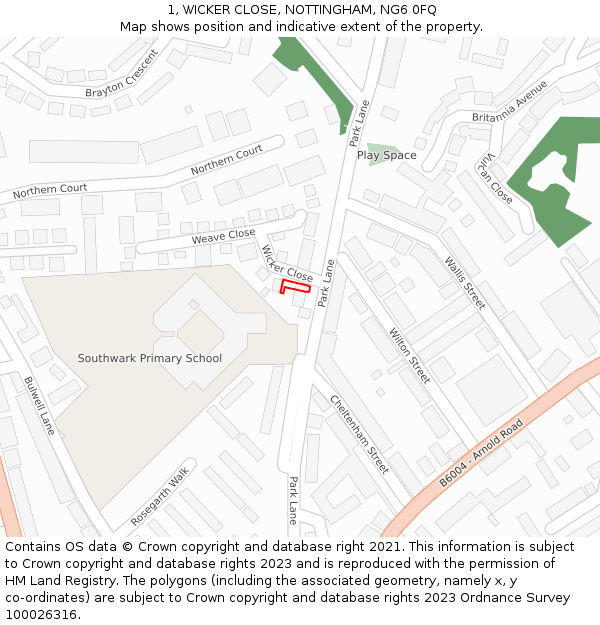 1, WICKER CLOSE, NOTTINGHAM, NG6 0FQ: Location map and indicative extent of plot