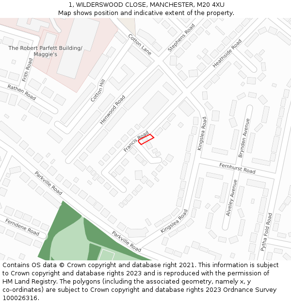 1, WILDERSWOOD CLOSE, MANCHESTER, M20 4XU: Location map and indicative extent of plot