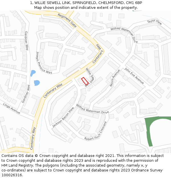 1, WILLIE SEWELL LINK, SPRINGFIELD, CHELMSFORD, CM1 6BP: Location map and indicative extent of plot