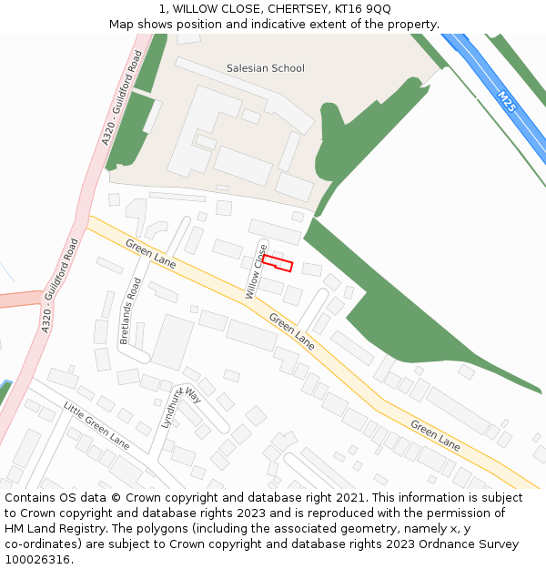 1, WILLOW CLOSE, CHERTSEY, KT16 9QQ: Location map and indicative extent of plot