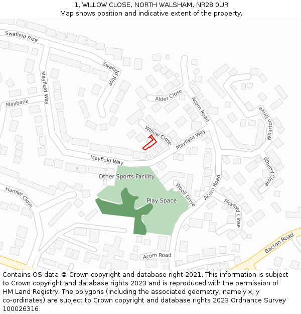 1, WILLOW CLOSE, NORTH WALSHAM, NR28 0UR: Location map and indicative extent of plot