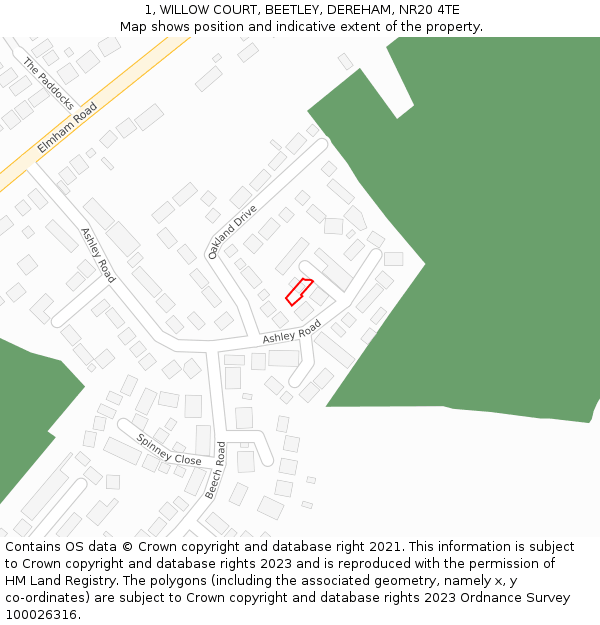 1, WILLOW COURT, BEETLEY, DEREHAM, NR20 4TE: Location map and indicative extent of plot
