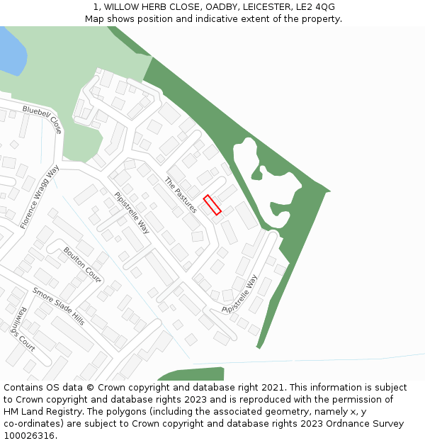 1, WILLOW HERB CLOSE, OADBY, LEICESTER, LE2 4QG: Location map and indicative extent of plot