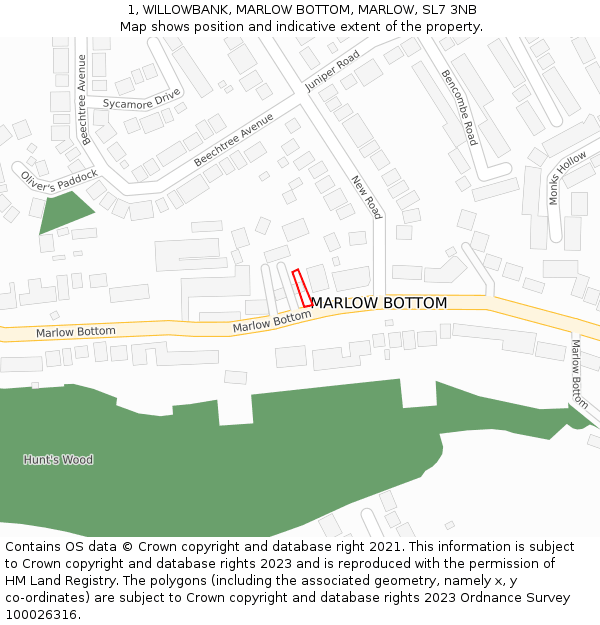 1, WILLOWBANK, MARLOW BOTTOM, MARLOW, SL7 3NB: Location map and indicative extent of plot