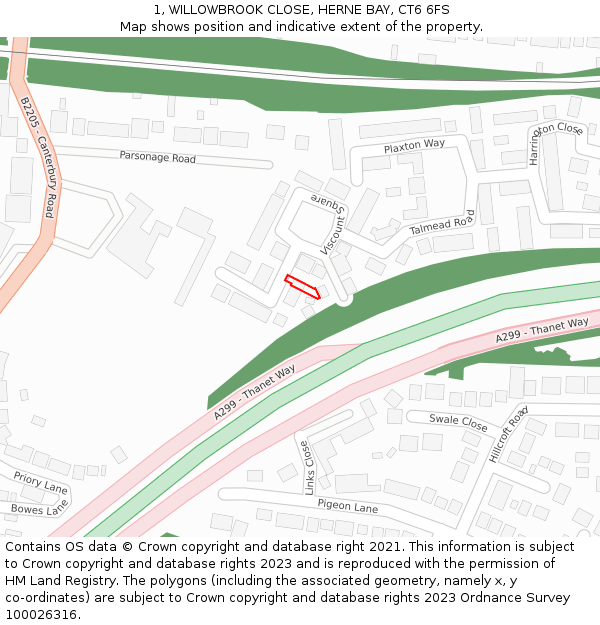 1, WILLOWBROOK CLOSE, HERNE BAY, CT6 6FS: Location map and indicative extent of plot