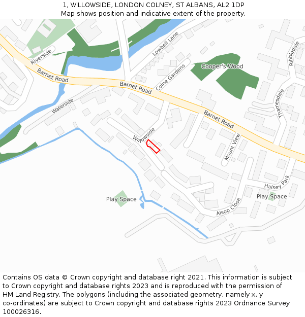 1, WILLOWSIDE, LONDON COLNEY, ST ALBANS, AL2 1DP: Location map and indicative extent of plot