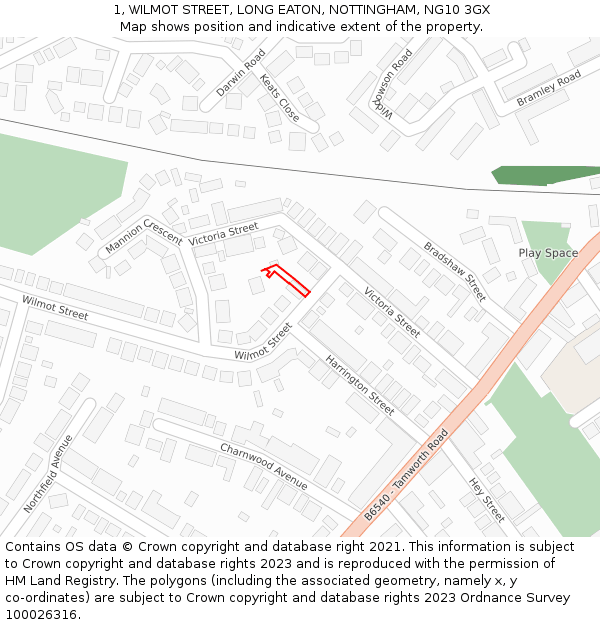 1, WILMOT STREET, LONG EATON, NOTTINGHAM, NG10 3GX: Location map and indicative extent of plot