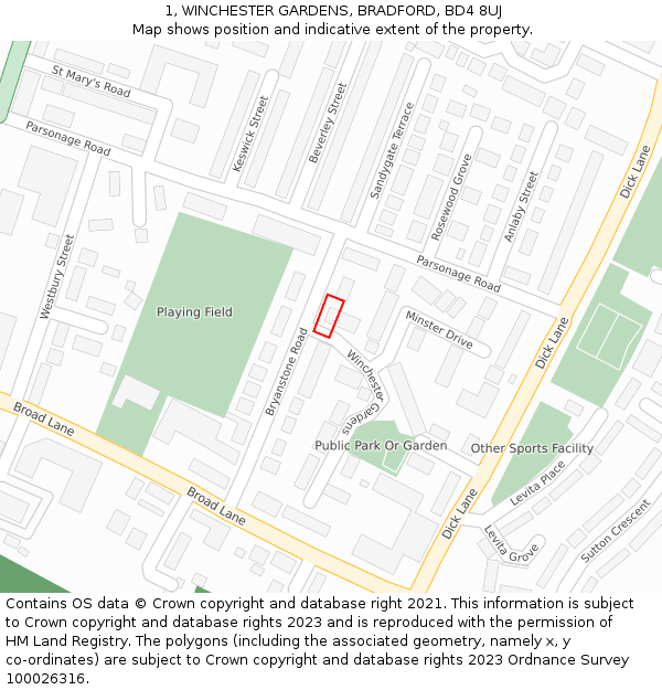 1, WINCHESTER GARDENS, BRADFORD, BD4 8UJ: Location map and indicative extent of plot