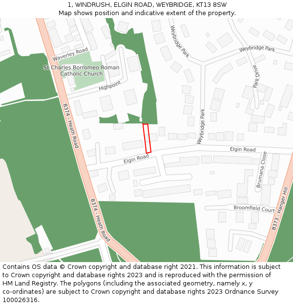 1, WINDRUSH, ELGIN ROAD, WEYBRIDGE, KT13 8SW: Location map and indicative extent of plot