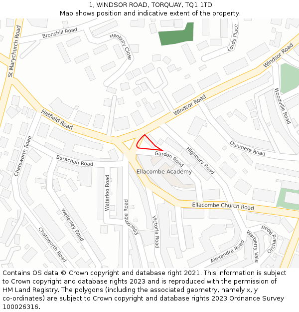 1, WINDSOR ROAD, TORQUAY, TQ1 1TD: Location map and indicative extent of plot