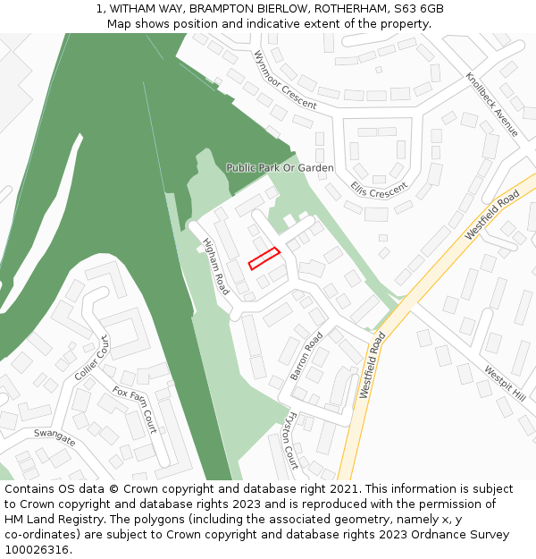 1, WITHAM WAY, BRAMPTON BIERLOW, ROTHERHAM, S63 6GB: Location map and indicative extent of plot