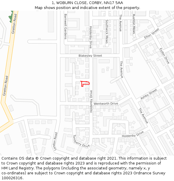 1, WOBURN CLOSE, CORBY, NN17 5AA: Location map and indicative extent of plot
