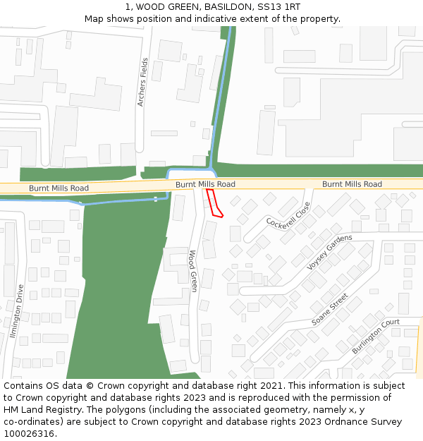 1, WOOD GREEN, BASILDON, SS13 1RT: Location map and indicative extent of plot