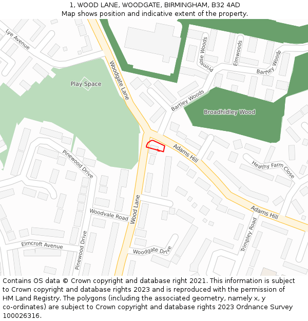 1, WOOD LANE, WOODGATE, BIRMINGHAM, B32 4AD: Location map and indicative extent of plot