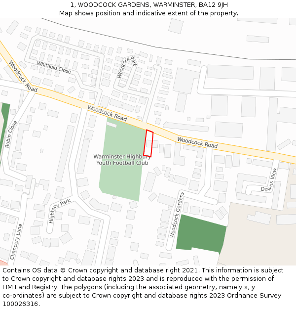 1, WOODCOCK GARDENS, WARMINSTER, BA12 9JH: Location map and indicative extent of plot