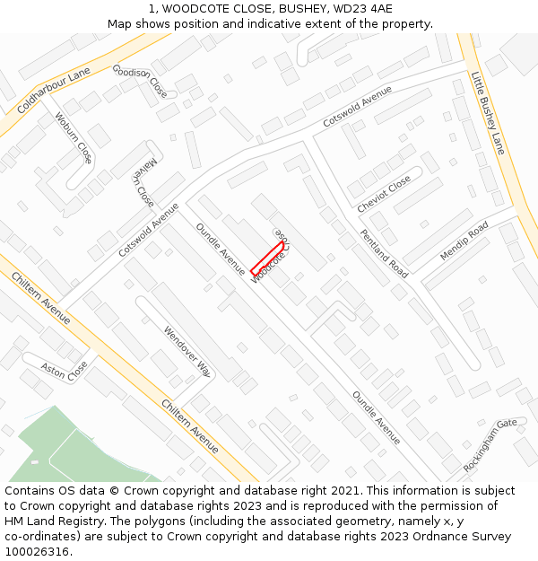 1, WOODCOTE CLOSE, BUSHEY, WD23 4AE: Location map and indicative extent of plot