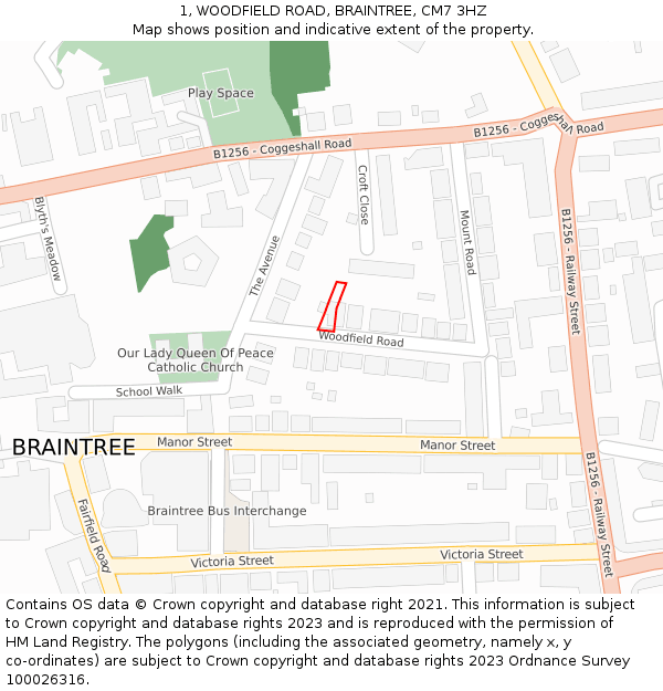 1, WOODFIELD ROAD, BRAINTREE, CM7 3HZ: Location map and indicative extent of plot