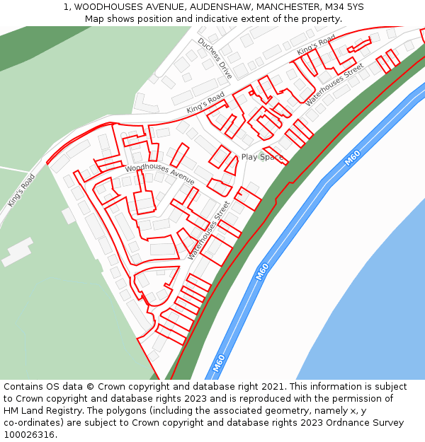 1, WOODHOUSES AVENUE, AUDENSHAW, MANCHESTER, M34 5YS: Location map and indicative extent of plot