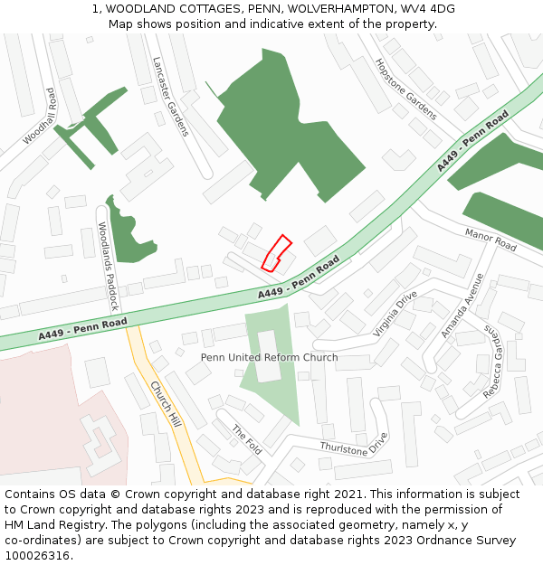 1, WOODLAND COTTAGES, PENN, WOLVERHAMPTON, WV4 4DG: Location map and indicative extent of plot