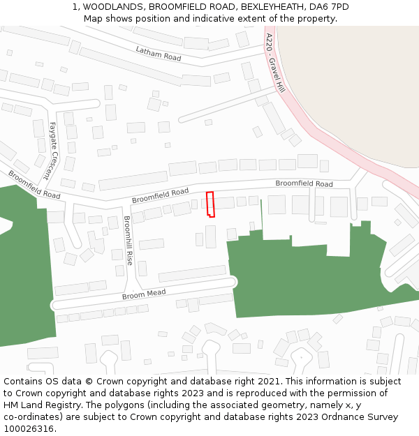 1, WOODLANDS, BROOMFIELD ROAD, BEXLEYHEATH, DA6 7PD: Location map and indicative extent of plot