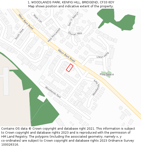 1, WOODLANDS PARK, KENFIG HILL, BRIDGEND, CF33 6DY: Location map and indicative extent of plot
