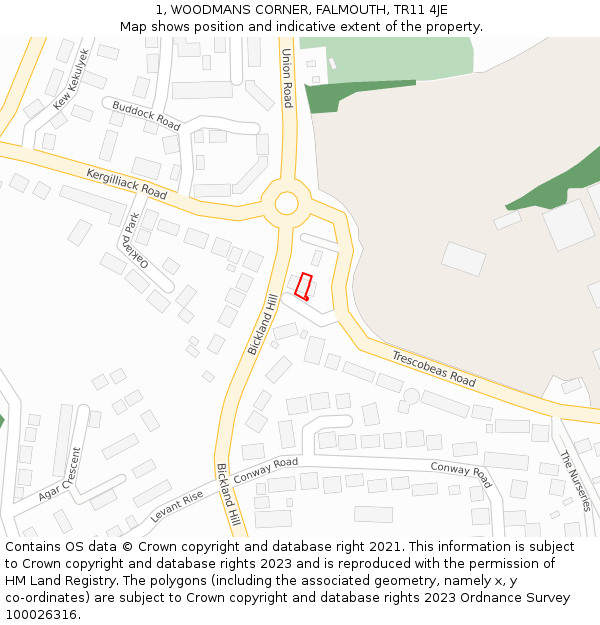 1, WOODMANS CORNER, FALMOUTH, TR11 4JE: Location map and indicative extent of plot