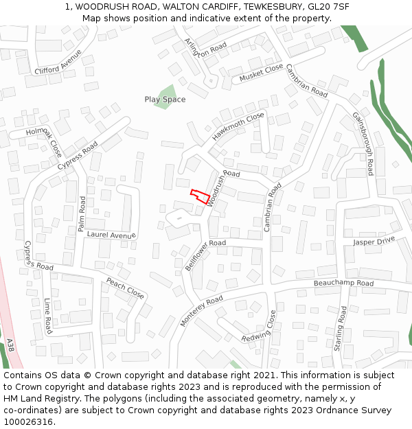 1, WOODRUSH ROAD, WALTON CARDIFF, TEWKESBURY, GL20 7SF: Location map and indicative extent of plot