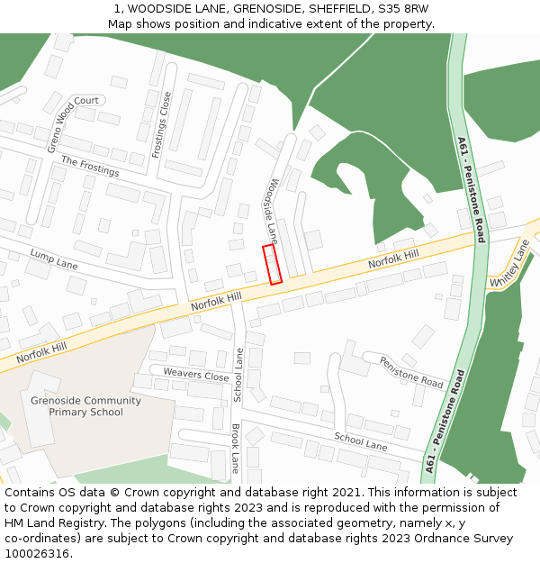 1, WOODSIDE LANE, GRENOSIDE, SHEFFIELD, S35 8RW: Location map and indicative extent of plot