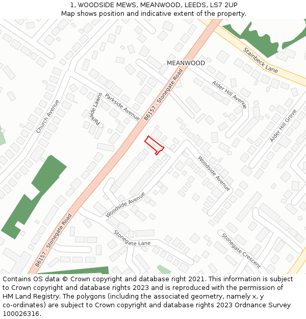 1, WOODSIDE MEWS, MEANWOOD, LEEDS, LS7 2UP: Location map and indicative extent of plot