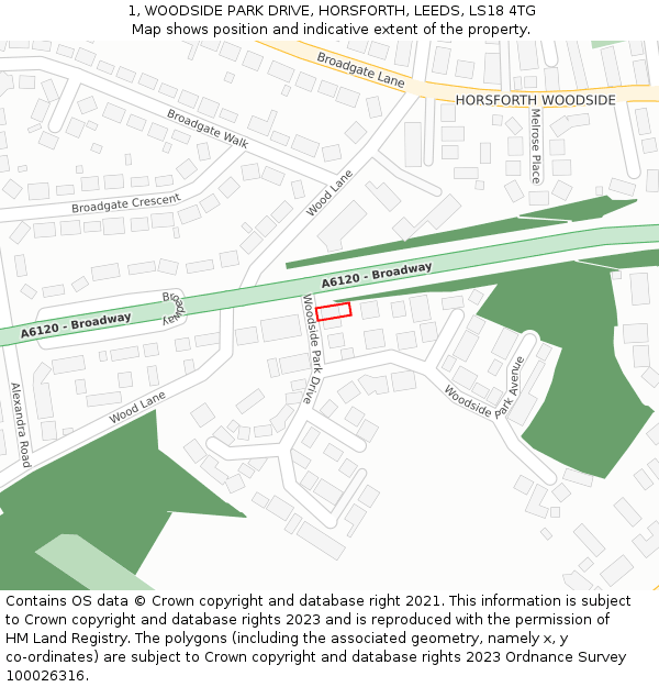 1, WOODSIDE PARK DRIVE, HORSFORTH, LEEDS, LS18 4TG: Location map and indicative extent of plot