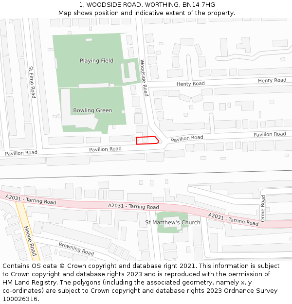 1, WOODSIDE ROAD, WORTHING, BN14 7HG: Location map and indicative extent of plot