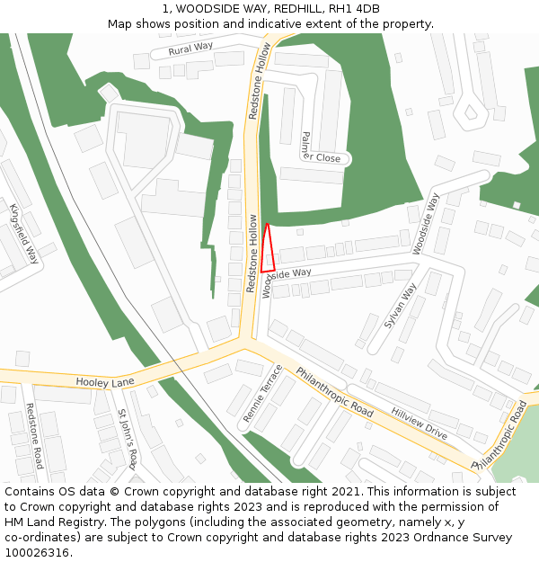 1, WOODSIDE WAY, REDHILL, RH1 4DB: Location map and indicative extent of plot