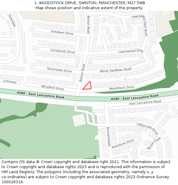 1, WOODSTOCK DRIVE, SWINTON, MANCHESTER, M27 5WB: Location map and indicative extent of plot