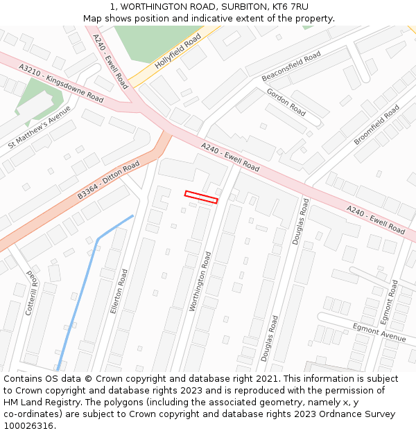 1, WORTHINGTON ROAD, SURBITON, KT6 7RU: Location map and indicative extent of plot