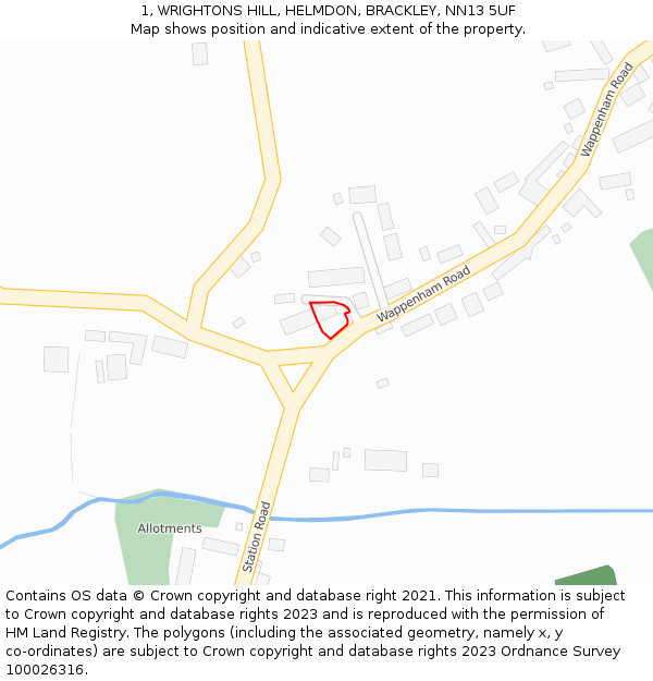 1, WRIGHTONS HILL, HELMDON, BRACKLEY, NN13 5UF: Location map and indicative extent of plot