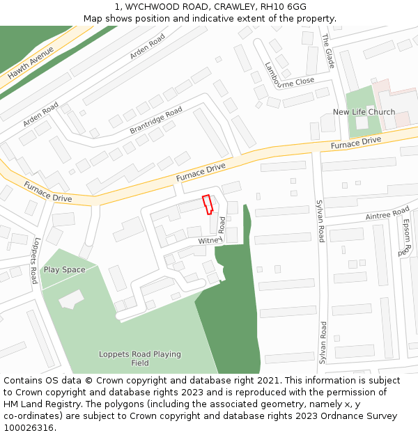 1, WYCHWOOD ROAD, CRAWLEY, RH10 6GG: Location map and indicative extent of plot