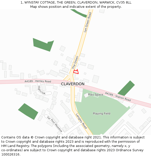 1, WYNSTAY COTTAGE, THE GREEN, CLAVERDON, WARWICK, CV35 8LL: Location map and indicative extent of plot