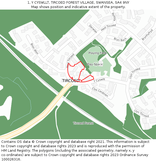 1, Y CYSWLLT, TIRCOED FOREST VILLAGE, SWANSEA, SA4 9NY: Location map and indicative extent of plot