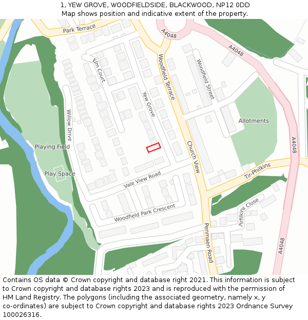 1, YEW GROVE, WOODFIELDSIDE, BLACKWOOD, NP12 0DD: Location map and indicative extent of plot