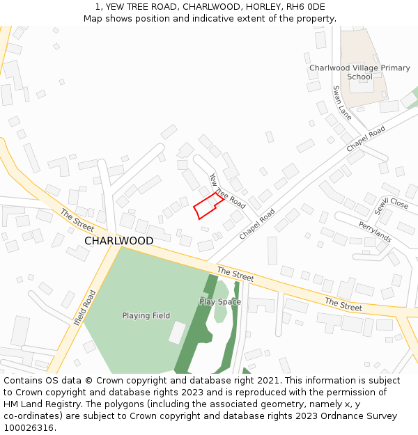 1, YEW TREE ROAD, CHARLWOOD, HORLEY, RH6 0DE: Location map and indicative extent of plot
