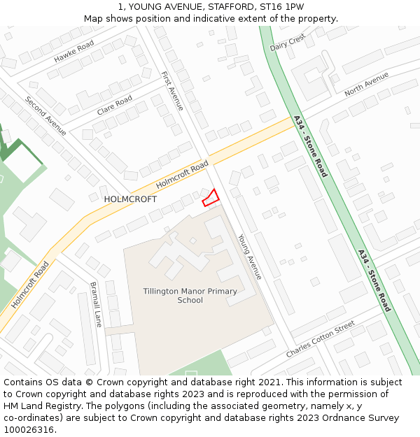 1, YOUNG AVENUE, STAFFORD, ST16 1PW: Location map and indicative extent of plot